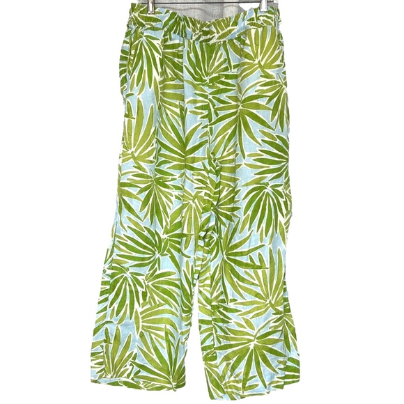 Sigrid Olsen 100% Linen Pants 1X Wide Leg Green & Blue Tropical Leaves Lounge - Picture 4 of 8